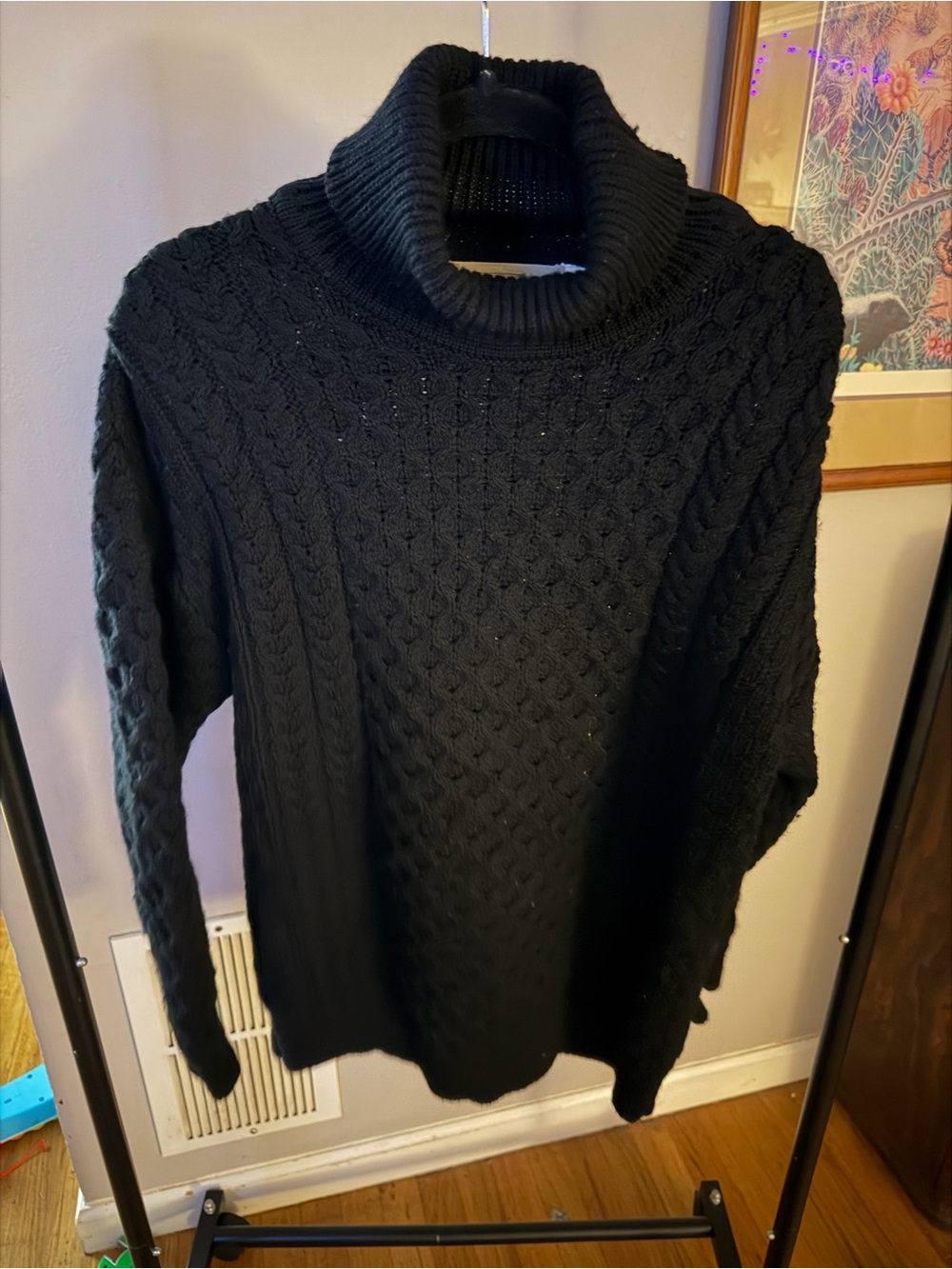 Black Aran wool large Cable-Knit Turtleneck Sweater for Men